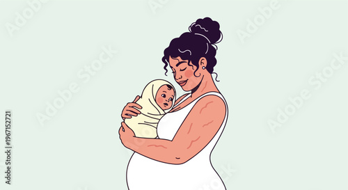 A loving mother holds her swaddled newborn baby close against her tender skin