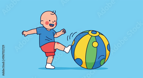 A joyful baby boy in a blue shirt kicks a colorful striped ball on blue floor