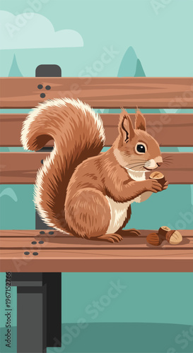 A fluffy brown squirrel sits on a wooden park bench holding a small round nut