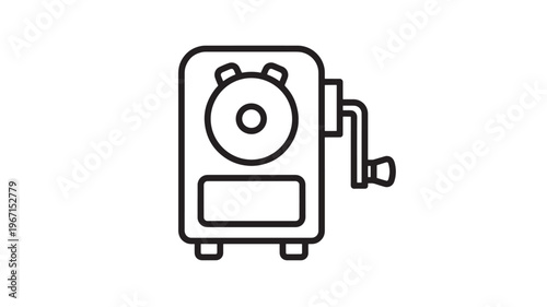 Mechanical pencil sharpener with crank and receptacle, black outline on white background, simple icon for education and office supplies