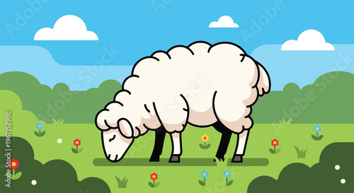 A fluffy white sheep grazing on a vibrant green field under a clear blue sky