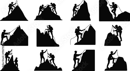 Rock climbing silhouettes set with climbers using rope on mountains, teamwork, adventure, and extreme sport activity collection, outdoor challenge illustration for design projects