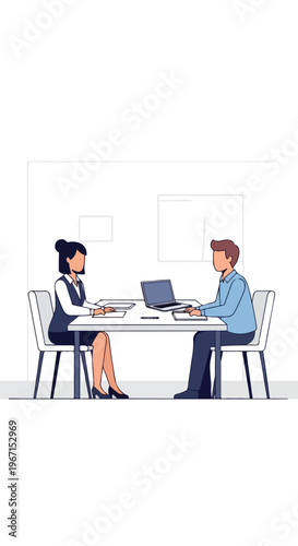 A man and a woman sitting at a table in an office setting working on a laptop