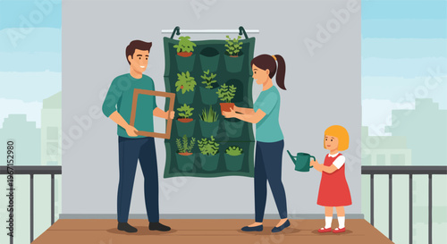 Family on a balcony tending to a vertical garden with various potted plants
