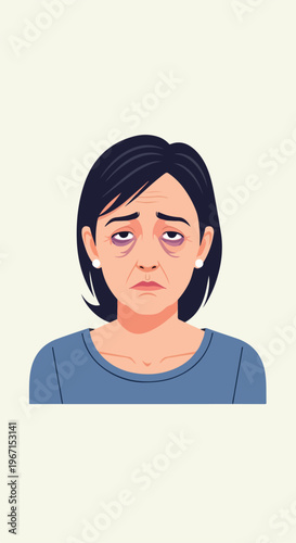 A tired middle-aged woman with dark circles under her eyes looking very unhappy