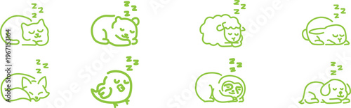 Adorable sleeping animals in a peaceful and sweet green line art on clean white minimalist vector icon collection for childrens products and digital media.