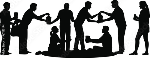 Silhouette of diverse community sharing donations and supplies, volunteers exchanging aid and food, symbolizing charity, support, teamwork, and humanitarian outreach in a collaborative environment