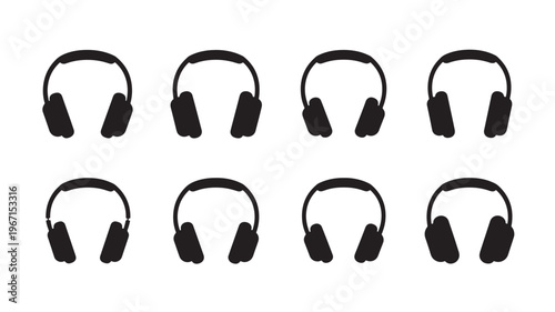 Headphones icon set with eight black silhouette graphics on a white background for audio and sound. featuring headset, earphones, music with