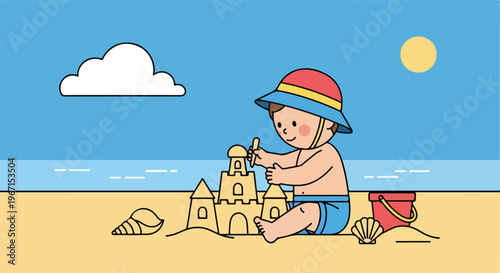 A cute cartoon child wearing a colorful hat playing with a sandcastle on beach