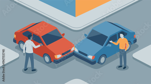Isometric illustration of car accident at intersection with drivers discussing