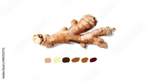 Watercolor illustration of a ginger root and a color palette on a white background