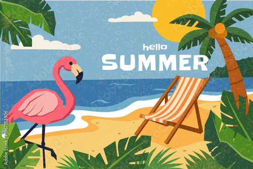 Hello summer tropical beach illustration with flamingo, palm tree and deck chair