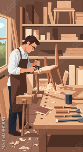 A focused woodworker in an apron carves a small wooden chair in a tidy workshop