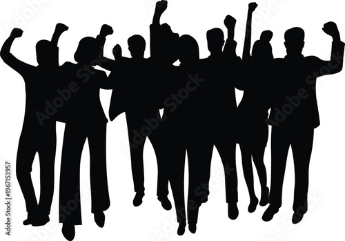 Silhouette of Large Group of People Jumping and Raising Fists, Celebration Victory and Team Energy Concept