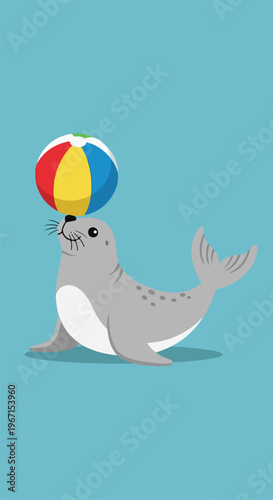 A cute cartoon seal balancing a colorful beach ball on its nose, blue background