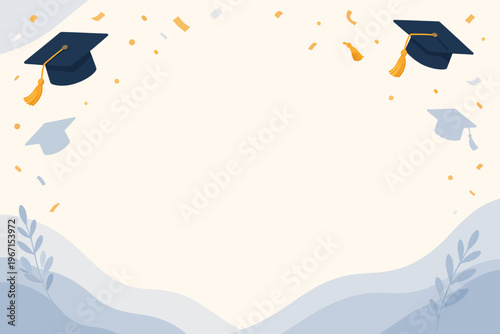 Vibrant academic success background with flying graduation caps and celebratory confetti, ideal for university commencement announcements and diploma ceremonies