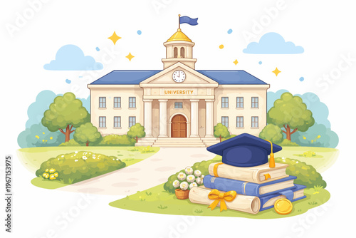 Whimsical pastel university campus scene featuring graduation cap, books, and diploma, celebrating academic milestones and bright futures