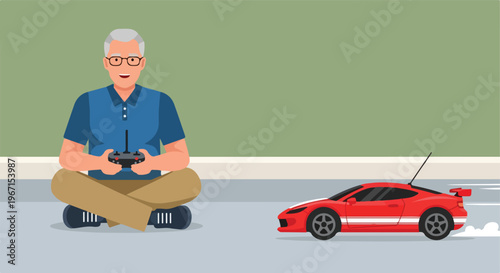 An elderly man sits on the floor controlling a small red remote-controlled car