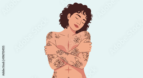 A woman with floral tattoos hugs herself, showing scars on her chest and torso
