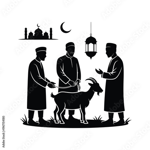 Three men performing Eid al-Adha goat sacrifice.