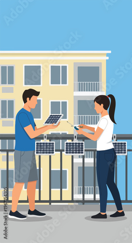 A man and a woman installing small solar panels on an apartment balcony railing