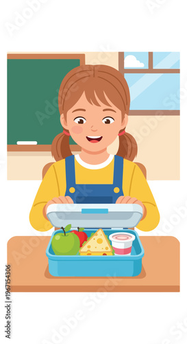 A happy young girl sitting at a classroom desk opening her plastic lunch box