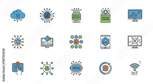 Technology icons, internet symbols, network logos, 16 vector graphics