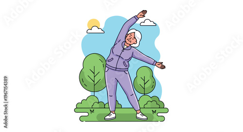 An elderly woman wearing a lilac tracksuit stretches her arms outdoors in a park
