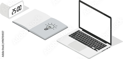 Isometric Illustration of Productivity Workspace with Laptop, Open Notebook, and Pomodoro Timer for Time Management