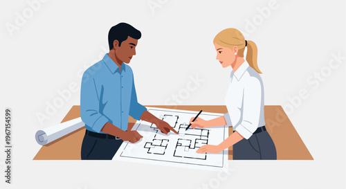 Two professionals standing at a table and reviewing building floor plan designs
