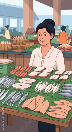 A smiling woman works at a fish market, selling various fresh seafood products