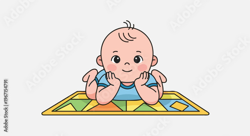 A cute cartoon baby lying on their stomach on a colorful patterned play mat