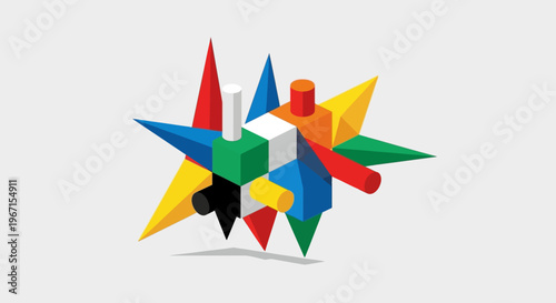Abstract geometric starburst shape with colorful blocks.