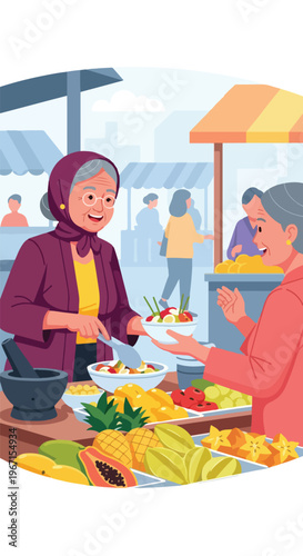An older woman serves a fresh fruit salad to a customer at a bustling market