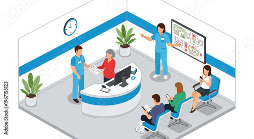 Medical Clinic Reception Area with Patients and Staff.