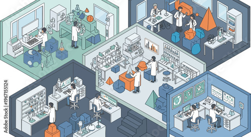 Scientists working in multiple laboratory rooms conducting research and experiments.