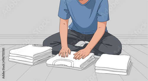 A person sitting on the floor while neatly folding stacks of white t-shirts