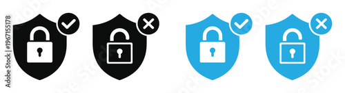 Security icons with shield and lock symbols in black and blue vector illustration