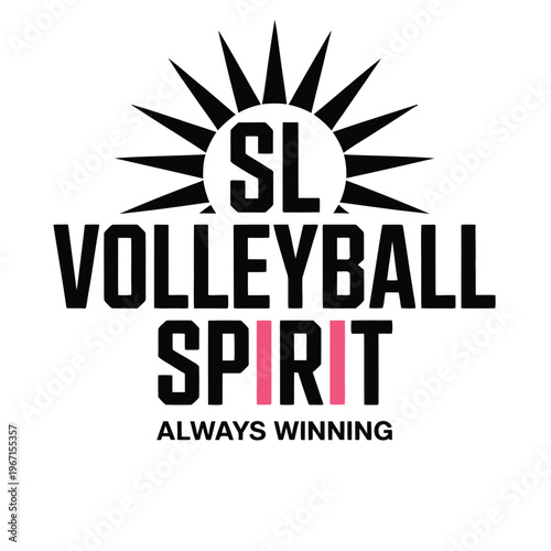 SL Volleyball Spirit Always Winning Vector Logo with Sun Rays and Pink Accents