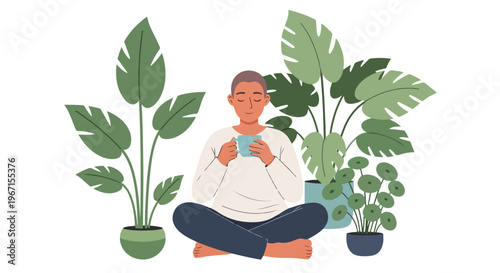A calm person sitting cross-legged while holding a warm beverage amidst houseplants