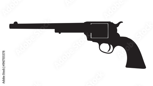 Revolver pistol black silhouette with a long barrel and western style handle, isolated on white background.