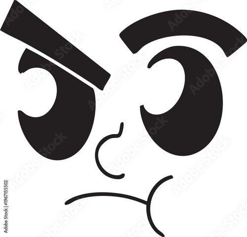 Funny cartoon face vector with expressive confused or skeptical emotion in black and white. Minimal doodle style illustration, perfect for stickers, memes, social media and graphic design.