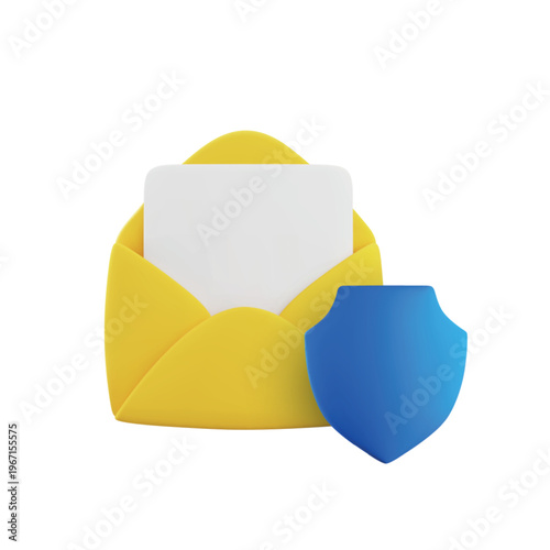 Vector cartoon 3d secure email icon. 3d render opened yellow envelope with blue shield. Electronic mail protection sign, cyber security, stop spam mail, protected communication concept for web, app.