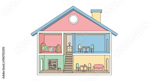A colorful cutaway view of a two-story dollhouse with furnished rooms and stairs