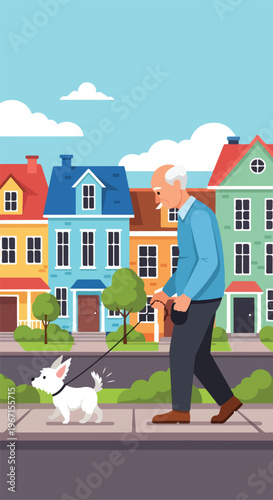 An elderly man walks his small white terrier along a sidewalk in a town street