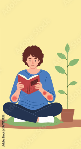 A person with skin irritation on their arms sitting and reading a small book