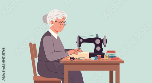 An elderly woman sitting at a table and using a vintage sewing machine to work
