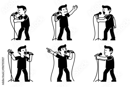 A man illustrates various poses while using a microphone at a podium in different positions.