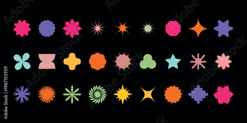 Big retro vintage set geometric shapes black background. Trendy abstract minimalist figures, stars, flowers, circles. Modern abstract graphic elements. Brutalist geometric shapes.