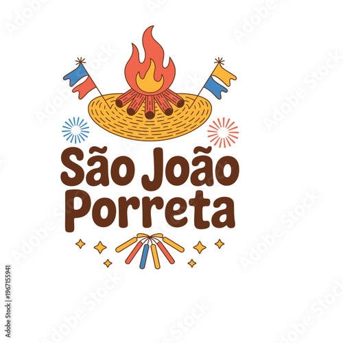 Sao Joao Porreta Brazilian Folklore Festival Logo with Straw Hat and Bonfire